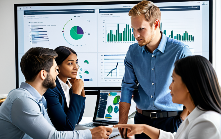 A diverse team of professional data annotators, including men and women of various ethnicities, collaborating in a brightly lit, modern tech office. They are gathered around a large monitor, pointing at charts and discussing data distribution, ensuring accuracy and mitigating potential biases. One person points at a screen displaying a graph, while another thoughtfully reviews a dataset. All individuals are fully clothed in professional business attire, appearing focused and engaged. The scene emphasizes teamwork, ethical AI development, and meticulous data handling. Natural pose, correct proportions, well-formed hands, proper finger count, perfect anatomy. Professional photography, high quality, safe for work, appropriate content, modest, family-friendly.