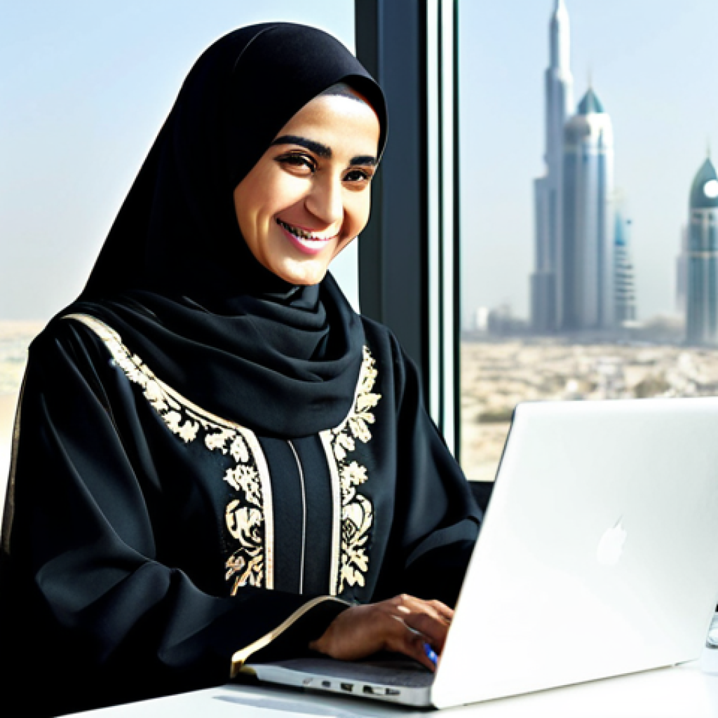 **

"A successful Arab businesswoman in a professional, tailored abaya with subtle, elegant embroidery, working on a laptop in a modern, sunlit office overlooking a bustling Dubai cityscape. She is smiling confidently. Fully clothed, modest attire, appropriate content, safe for work. Perfect anatomy, natural proportions, well-formed hands. Professional photography, high quality, family-friendly."

**