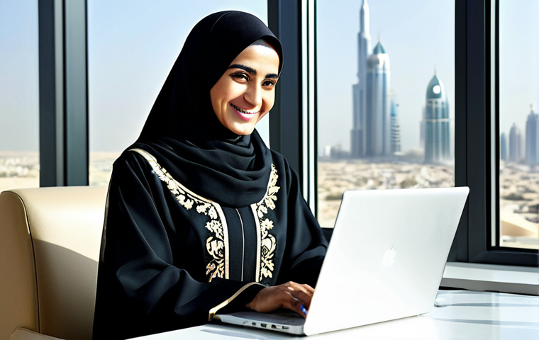 **

"A successful Arab businesswoman in a professional, tailored abaya with subtle, elegant embroidery, working on a laptop in a modern, sunlit office overlooking a bustling Dubai cityscape. She is smiling confidently. Fully clothed, modest attire, appropriate content, safe for work. Perfect anatomy, natural proportions, well-formed hands. Professional photography, high quality, family-friendly."

**
