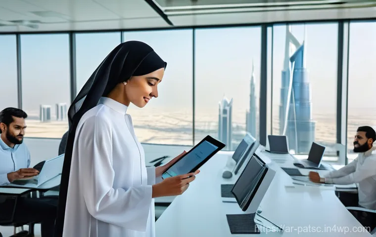 자동화된 데이터 라벨링 도구 비교 분석 - **Prompt:** A dynamic, vibrant scene inside a futuristic, open-plan office in a modern Arab metropol...