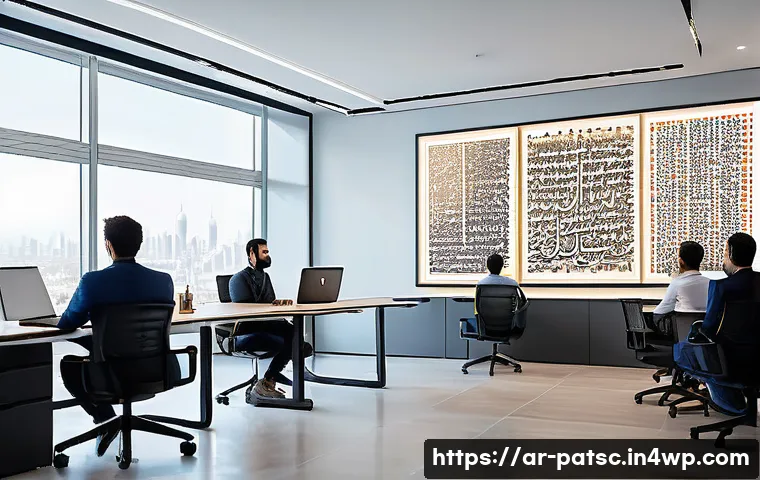데이터 라벨링에서의 반복적 작업 최적화 - A modern Arabic office environment featuring a diverse team of professionals collaborating on data c...