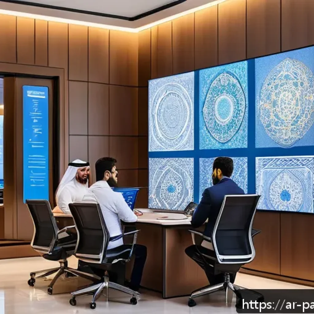 AI 데이터 라벨링 시장의 투자 기회 - A modern Middle Eastern data science office environment featuring diverse Arab professionals collabo...