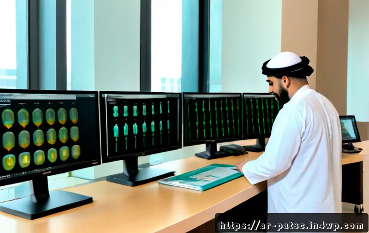 데이터 라벨링의 산업별 유용성 분석 - Photorealistic modern healthcare data labeling workspace in an Arab Gulf city, a diverse Middle East...